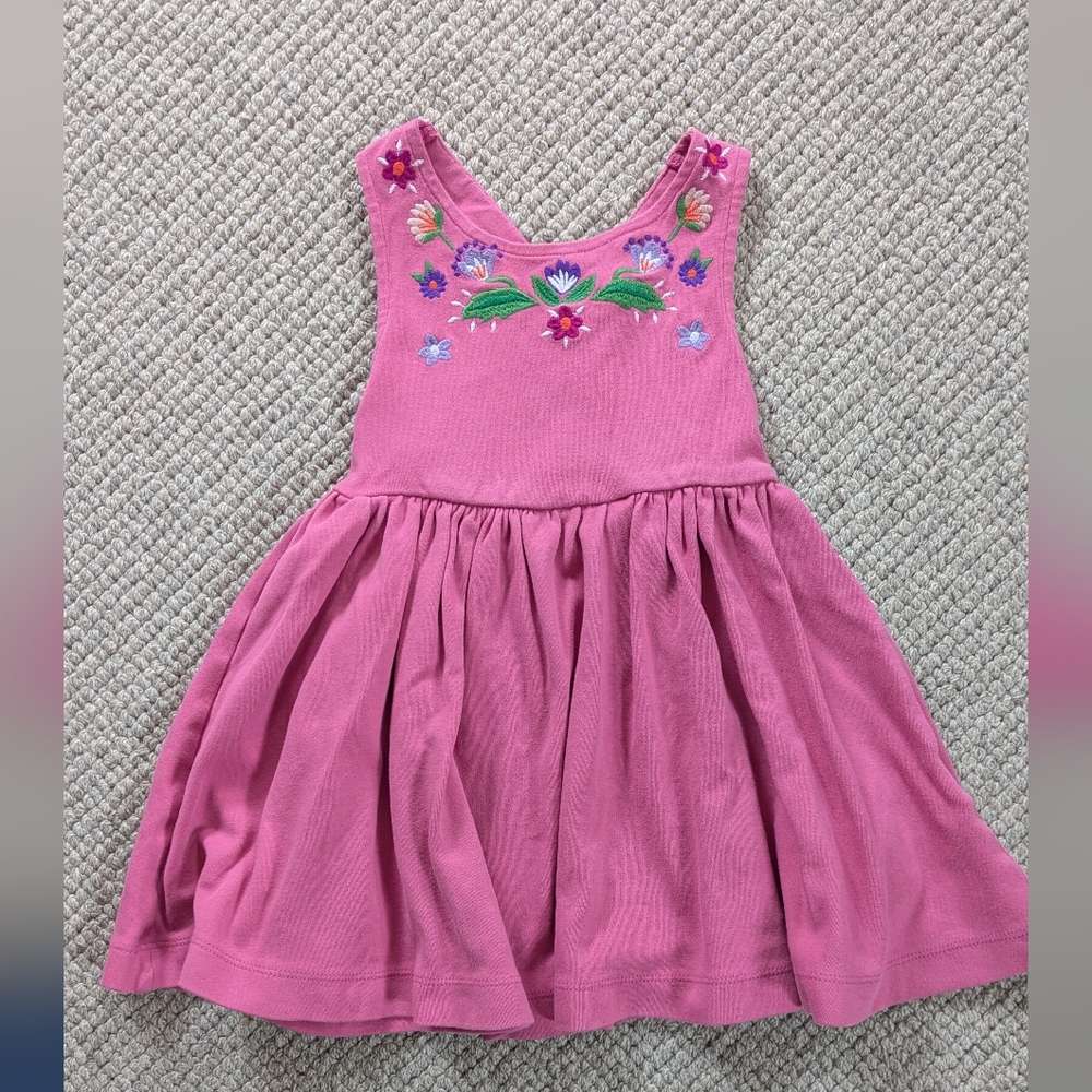 Mini Boden Pink Girls Crossback Dress with Floral Embroidery